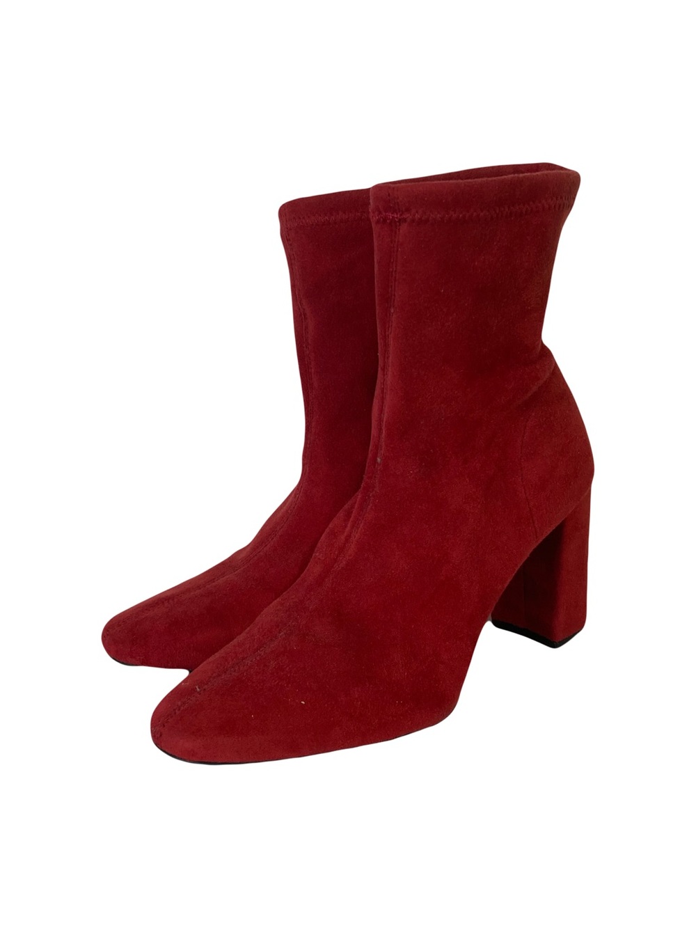 H&M Boots 39/US 9 Red Faux-Suede Ankle Stack Block-Heel